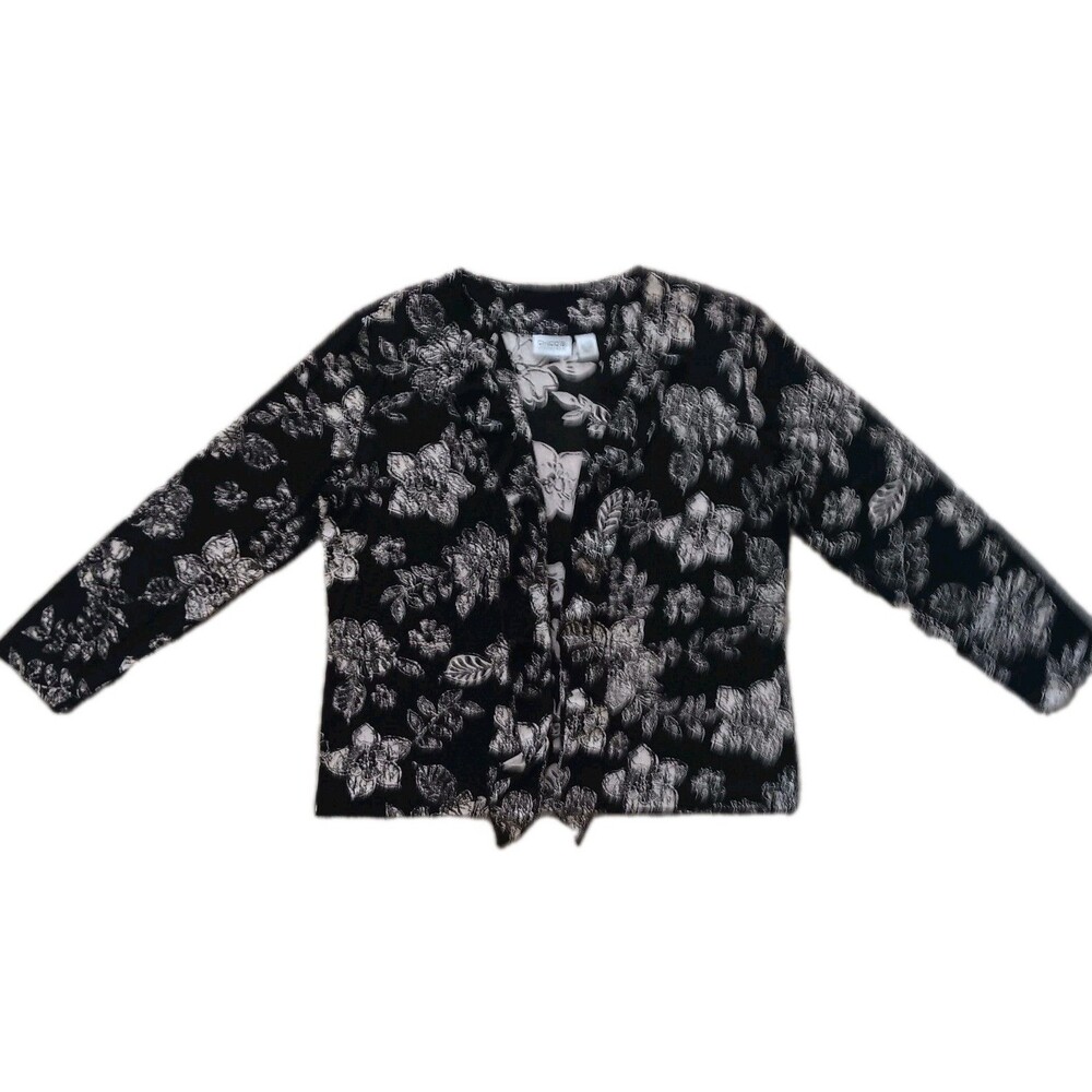 Chicos Travelers 3 Black Cream Floral Open Front Ruffle Cardigan XL USA Stretchy